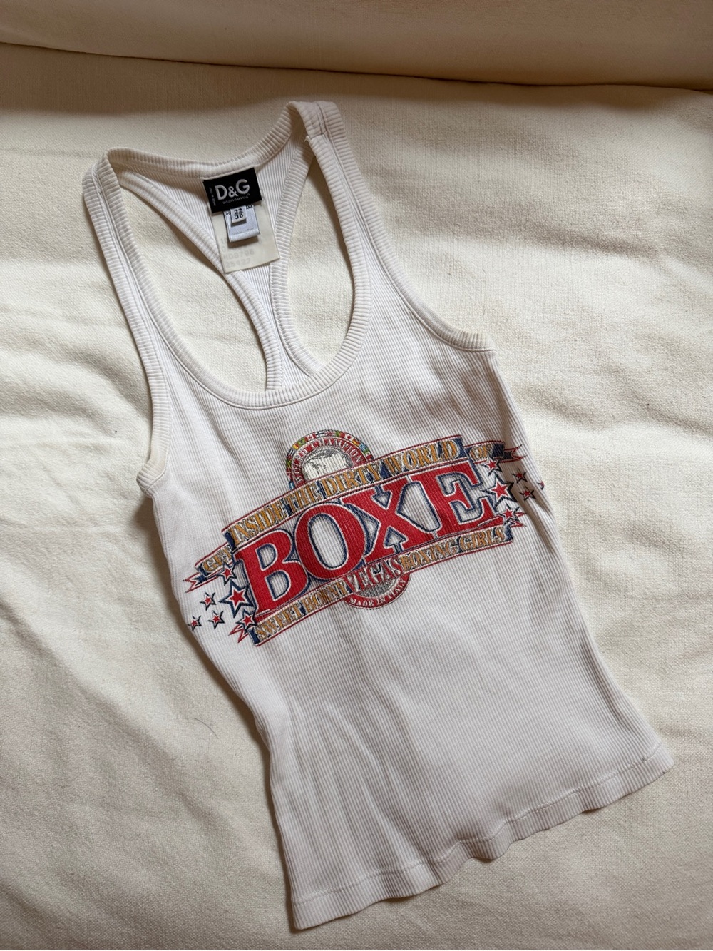D&G Vintage White Ribbed Boxer Graphic Racerback Tank
